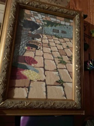 Framed Needlepoint Tapestry of Village Rooftop Scene