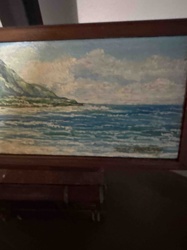 Framed Seascape Painting with Mountainous Coastline