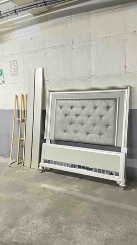 Modern Champagne Silver Tufted Queen Bed Frame with Inlaid Glass Accents