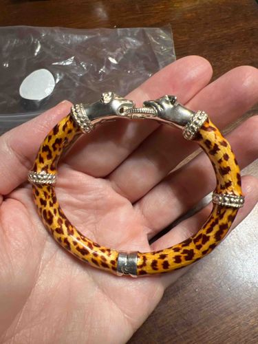 Enameled Leopard Head Hinged Bangle Bracelet