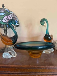 Teal and Amber Art Glass Bowl on Pedestal Base