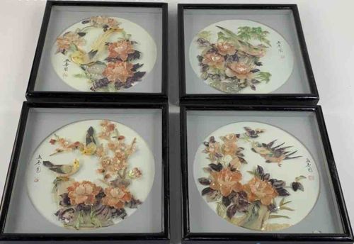 Vintage Asian Mother Of Pearl Floral Birds Art In Black Frame
