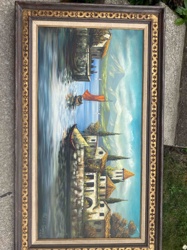Mediterranean Coastal Scene Oil Painting in Ornate Frame