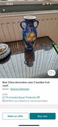 Blue China Decorative Vase with Fruit Motif and Two Handles
