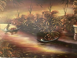 Autumn River Scene Painting with Figures in Boats