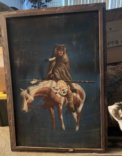 Vintage Velvet Painting of Native American Rider on Pinto Horse