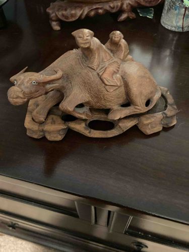 Carved Wooden Water Buffalo with Riders Sculpture