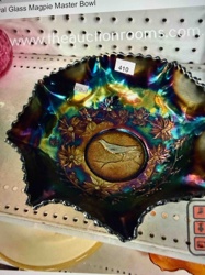 Iridescent Carnival Glass Master Bowl with Bird and Floral Motif
