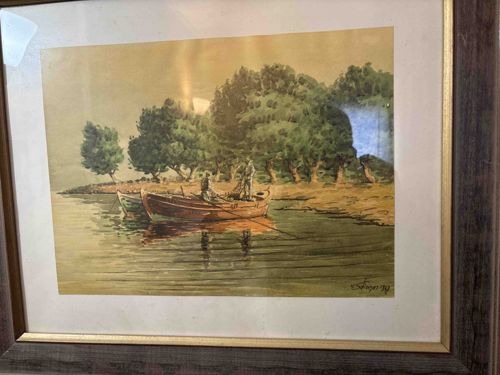 Fishermen in a Dory - Framed Watercolor Painting