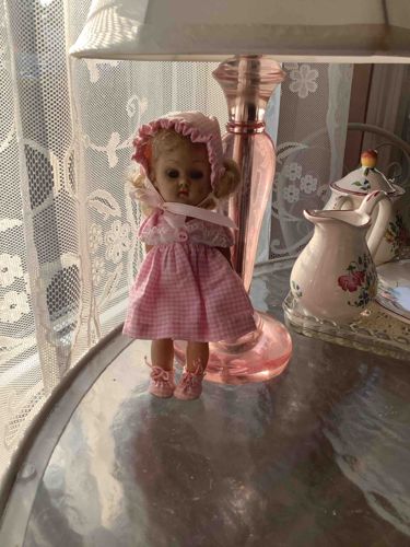 Vintage Girl Doll in Pink Gingham Dress and Bonnet