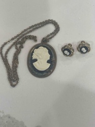 Vintage Cameo Pendant Necklace and Screw-Back Earrings Set