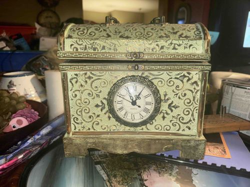 Antiqued Decorative Trunk-Style Box with Integrated Clock