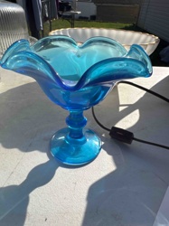 Turquoise Blue Ruffled Glass Compote Bowl
