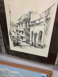 Framed Ink Drawing of Architectural Street Scene