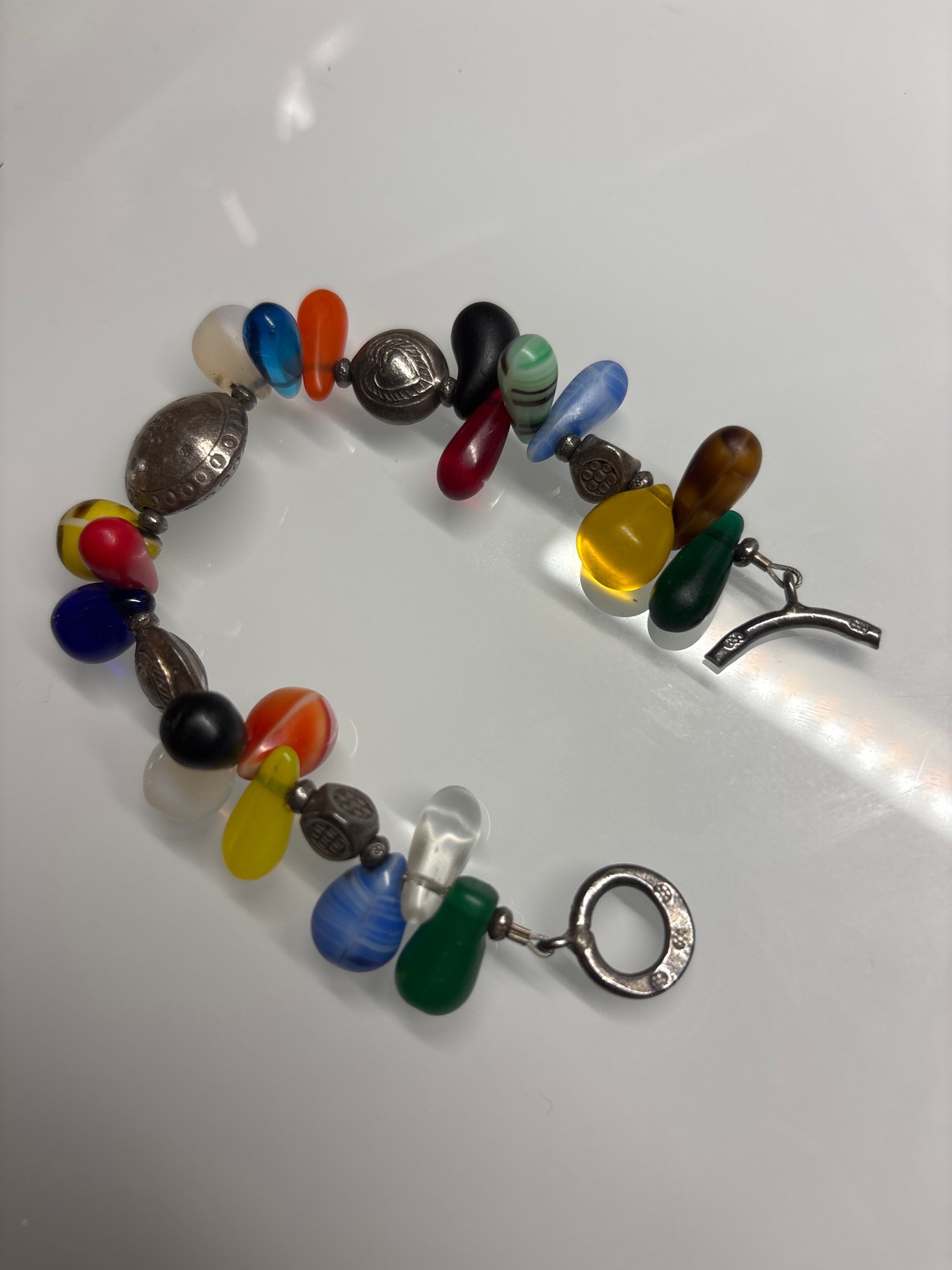 Submitted photo of Multi-color glass bead and metal toggle bracelet