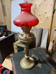Brass Oil Lamp with Ruby Red Glass Shade