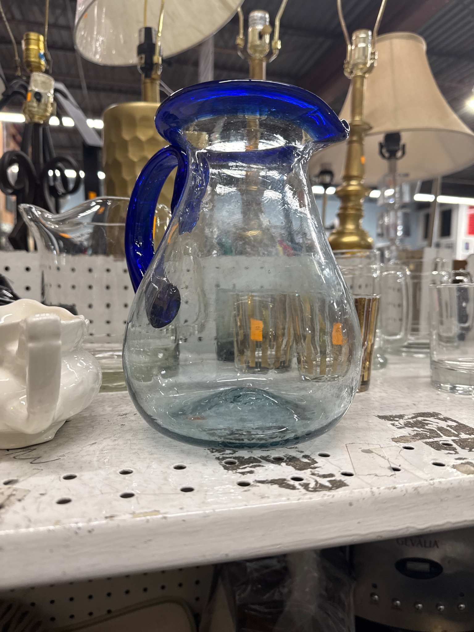 Hand-Blown Mexican Art Glass Pitcher with Cobalt Blue Trim