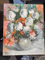 Still Life Painting of White and Orange Flowers in a Vase