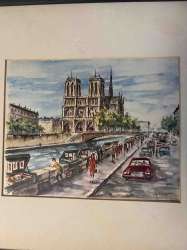 Watercolor Painting of Notre Dame Cathedral and Seine River