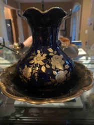 Cobalt Blue and Gilt Floral Porcelain Vase and Bowl Set
