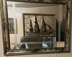 Framed Mirror with Embossed Metal Galleon Ship Art