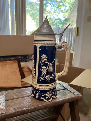 German Ceramic Beer Stein with Pewter Lid