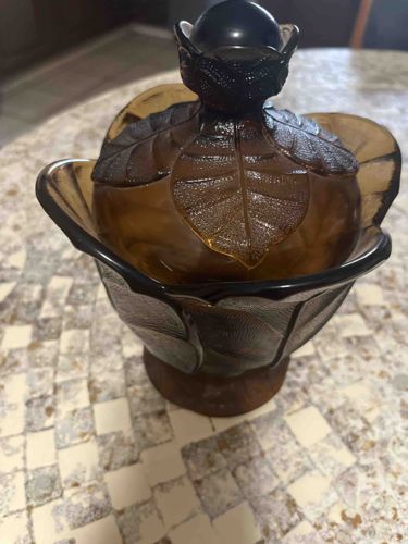Amber Glass Leaf-Motif Covered Candy Dish