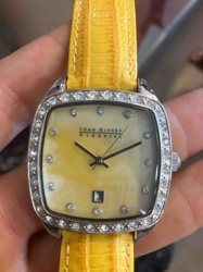Joan Rivers Classic Women's Rhinestone Bezel Mother-of-Pearl Dial Watch with Yellow Lizard-Grain Strap