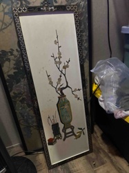 Framed Asian Inspired Wall Panel with Applied Stone and Mother-of-Pearl