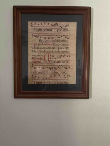 Framed Medieval-Style Illuminated Manuscript Music Sheet Reproduction