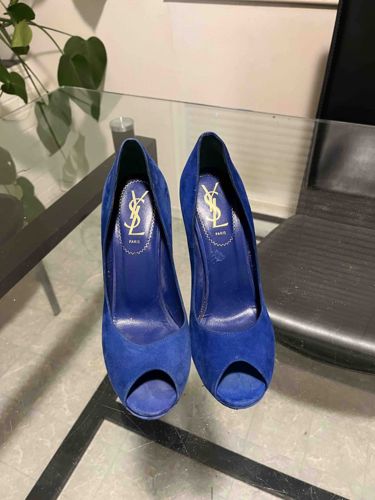Yves Saint Laurent Royal Blue Suede Peep-Toe High-Heel Pumps