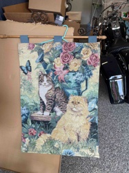 Tapestry Wall Hanging with Two Cats and Floral Design
