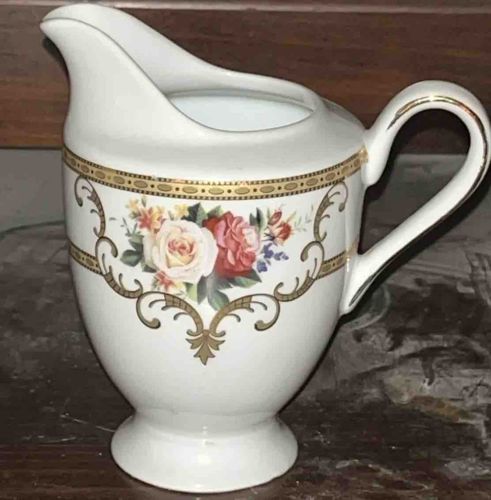 Vintage Fine Bone China Floral Creamer with Gilt Scrollwork