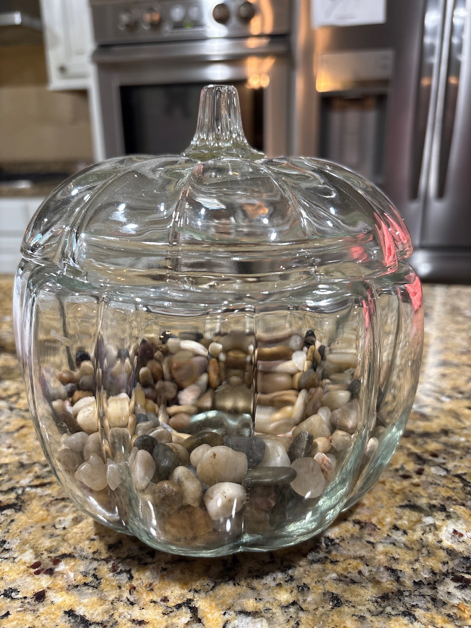 Submitted photo of Clear molded glass decorative pumpkin container