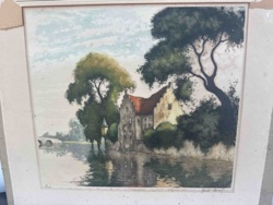 Watercolor or Print of a European Riverside Scene