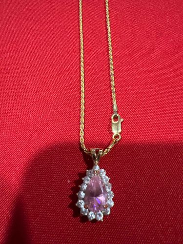 Pear-Shaped Pink Gemstone Halo Pendant on Gold Rope Chain