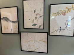 Set of Four Framed Asian-Style Botanical and Landscape Art Prints
