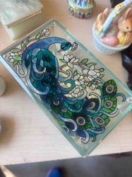 Hand-Painted Peacock Glass Tray
