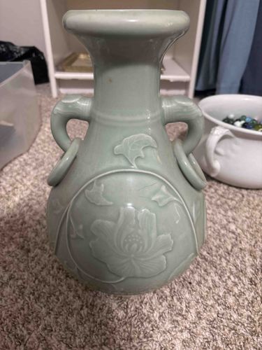 Celadon Glazed Vase with Relief Floral Motifs and Ring Handles