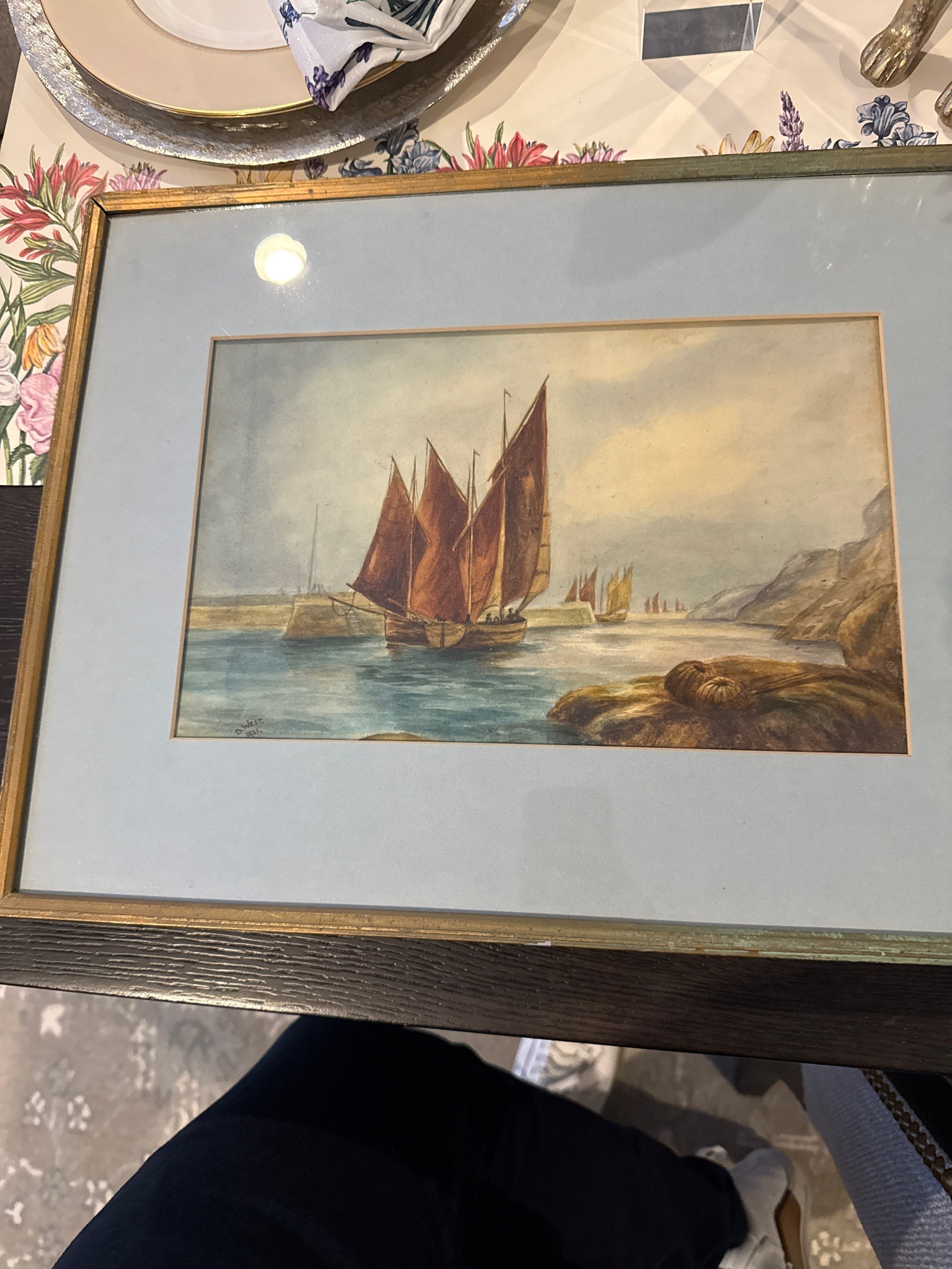 Submitted photo of Watercolor painting of sailing vessels signed 'A. West 1921'