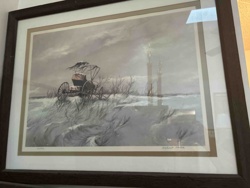 Framed Winter Landscape Print with Carriage and Industrial Silhouettes