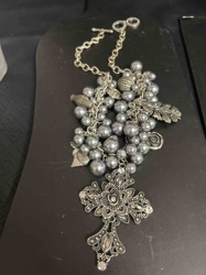 Gray Pearl and Rhinestone Charm Bracelet with Cross Pendant