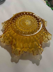 Amber Glass Ruffled Edge Bowl with Daisy & Button Pattern