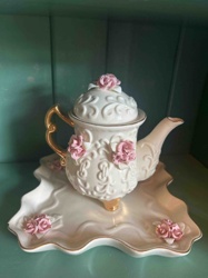 Porcelain Teapot and Tray Set with Applied Roses