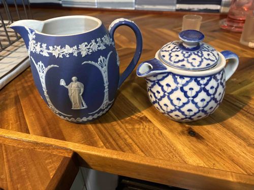Wedgwood Cobalt Blue Jasperware Pitcher and Blue-and-White Lidded Pot