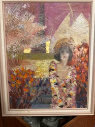 Figurative Landscape Painting with Gold Leaf Accents