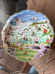Cloisonné Plate with Cranes and Landscape Scene