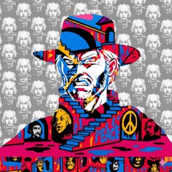 Colorful Pop Art Portrait with Peace Symbol and Embedded Faces