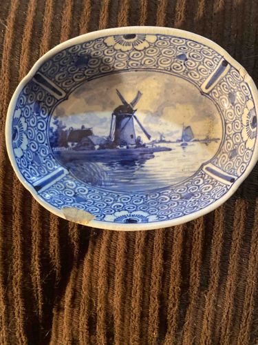 Blue and White Oval Dish with Windmill Scene