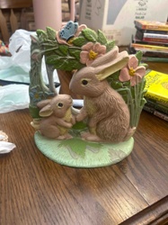 Rabbit Family Figurine with Butterfly and Flowers